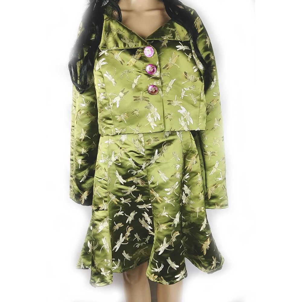 Vintage Custom-Made Green Dragonfly Silk Jacket 42" Chest and Skirt 36" Waist